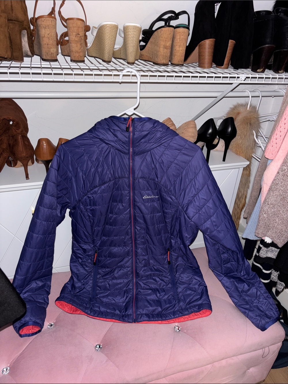 Eddie Bauer Purple Packable Hooded Puffer with Coral Trim